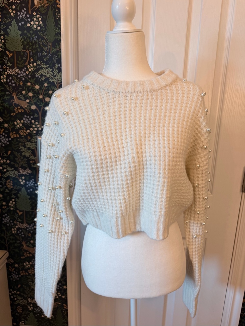 Altar'd State Cream Pearl-Embellished Cropped Waffle Sweater